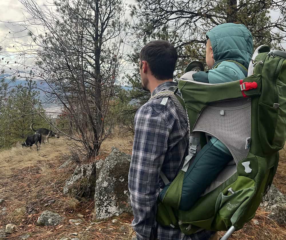 Lucas Collette hiking with son and dogs in Penticton