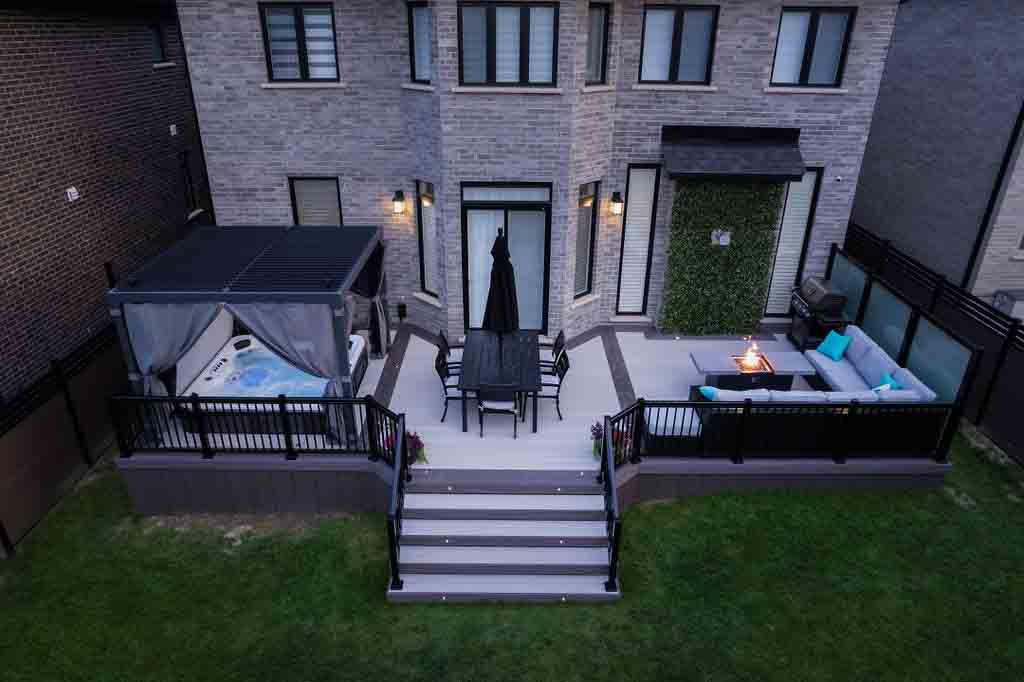 Deck with hot tub, firepit.