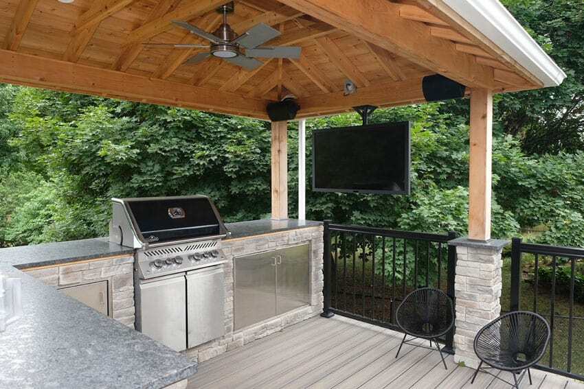outdoor kitchen on high deck in freelton