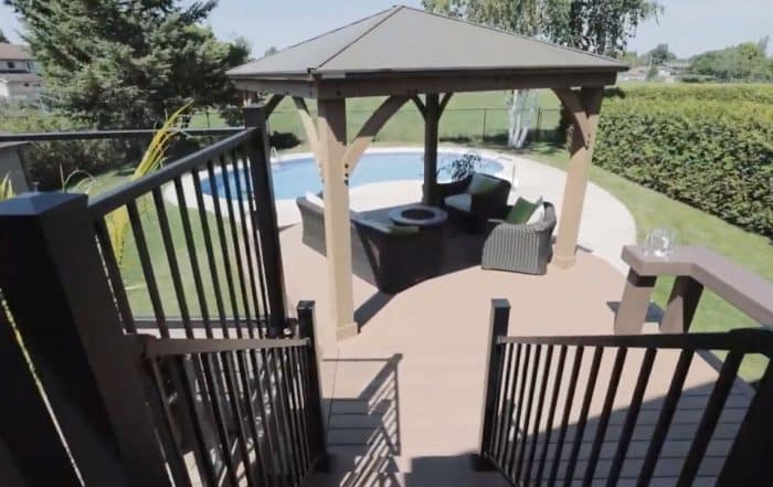 deck overlooking a pool