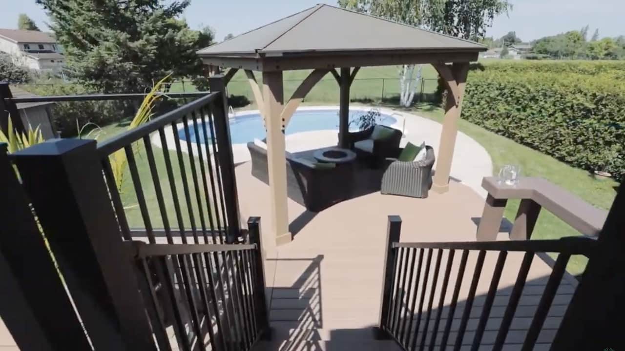 deck overlooking a pool