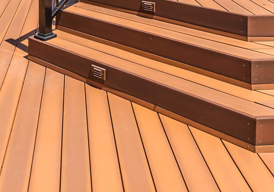 close up of composite wood deck and stairs