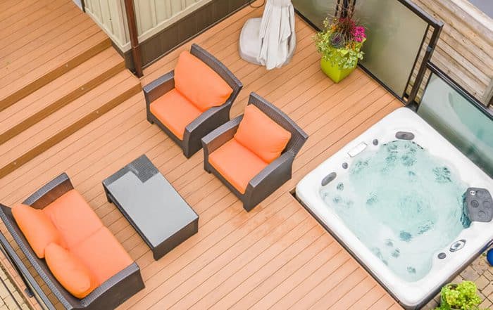 overhead view of deck with furniture and hot tub