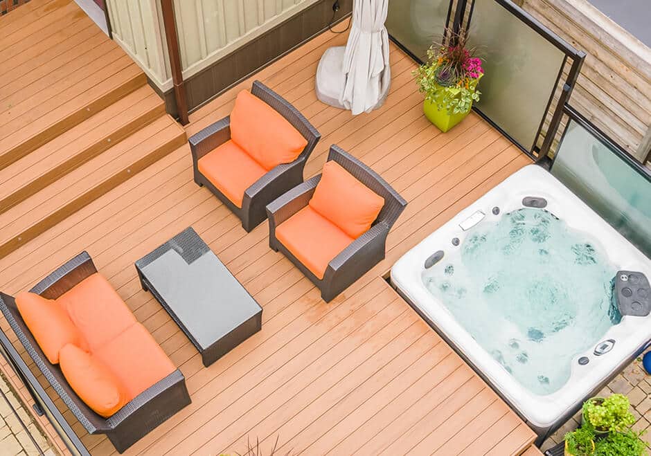 overhead view of deck with furniture and hot tub
