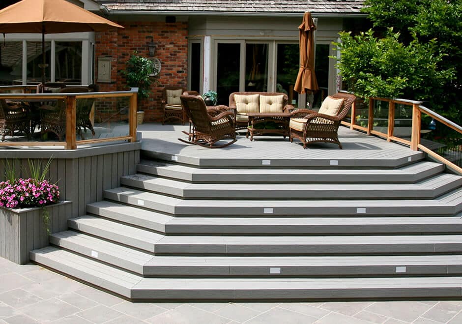 composite deck with wide multi-directional stairs