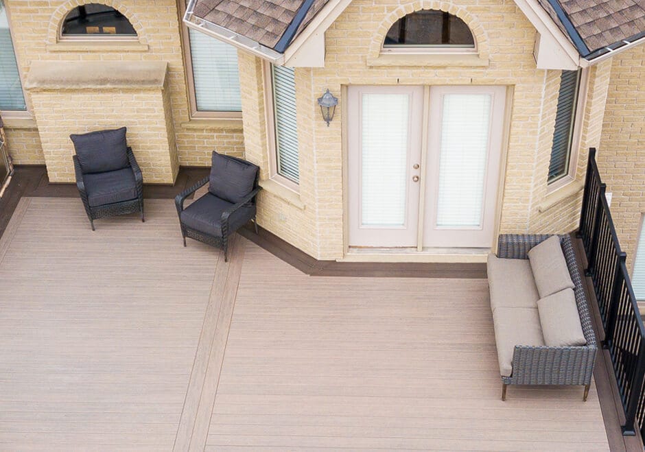 overhead view of deck with couch and chairs