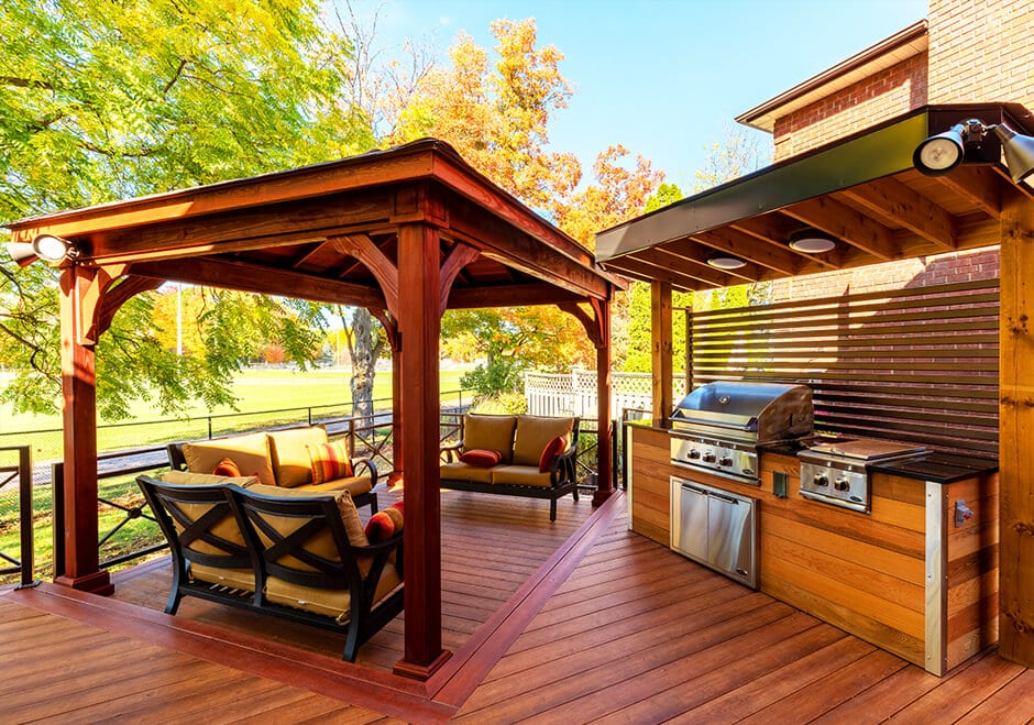 gazeebo and outdoor kitchen on deck