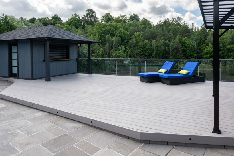 composite deck with blue chairs