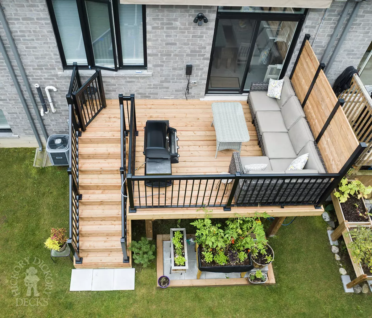 overhead view of a raised composite deck with stairs