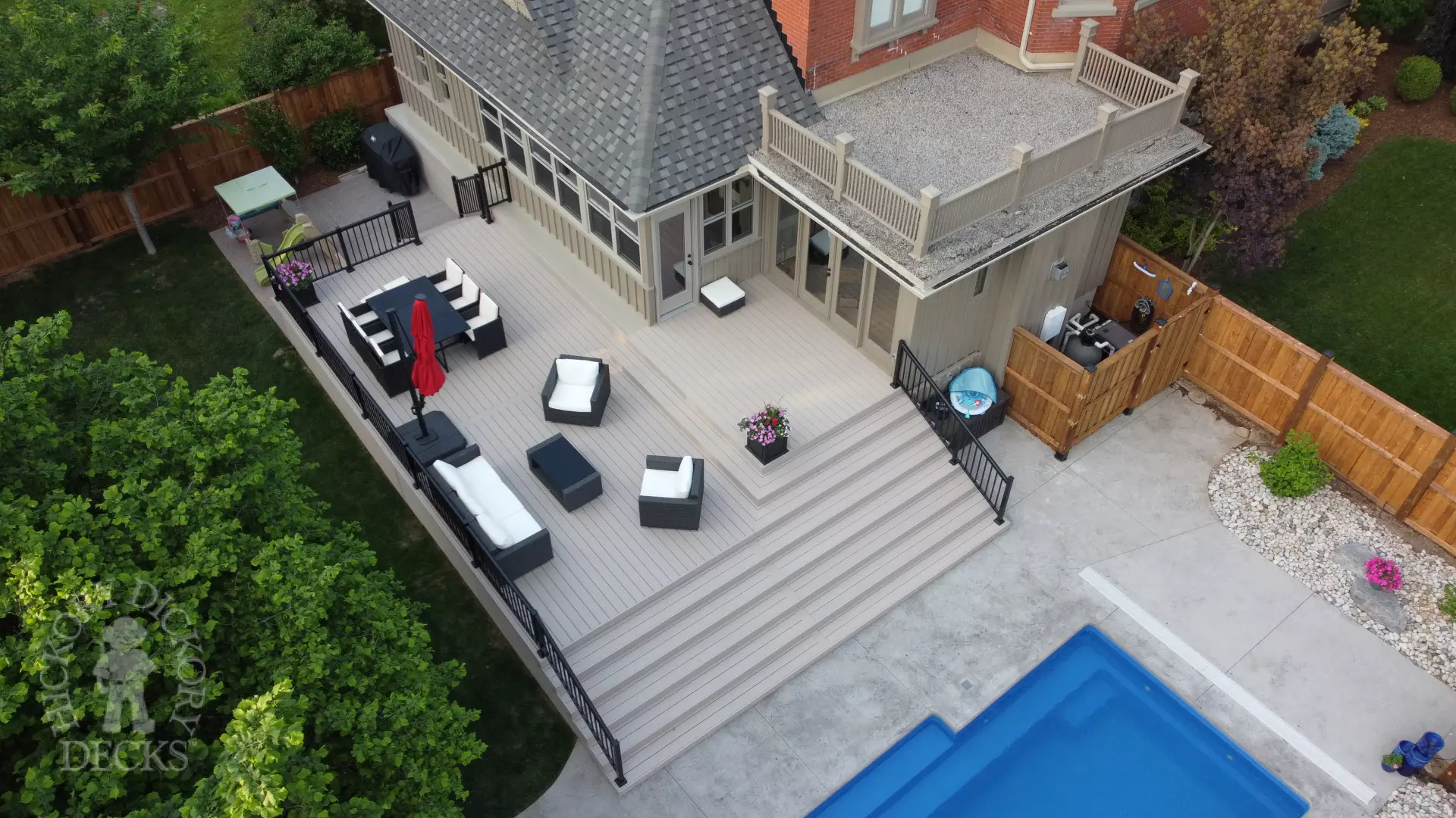 overhead view of composite deck on a rural property