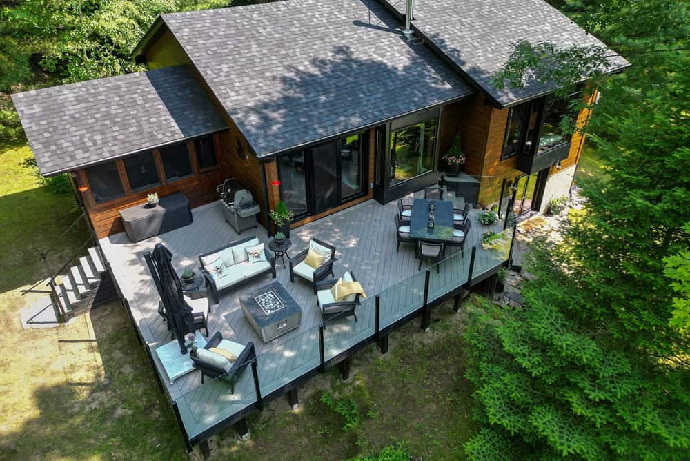 overhead view of modern muskoka composite deck and glass railings