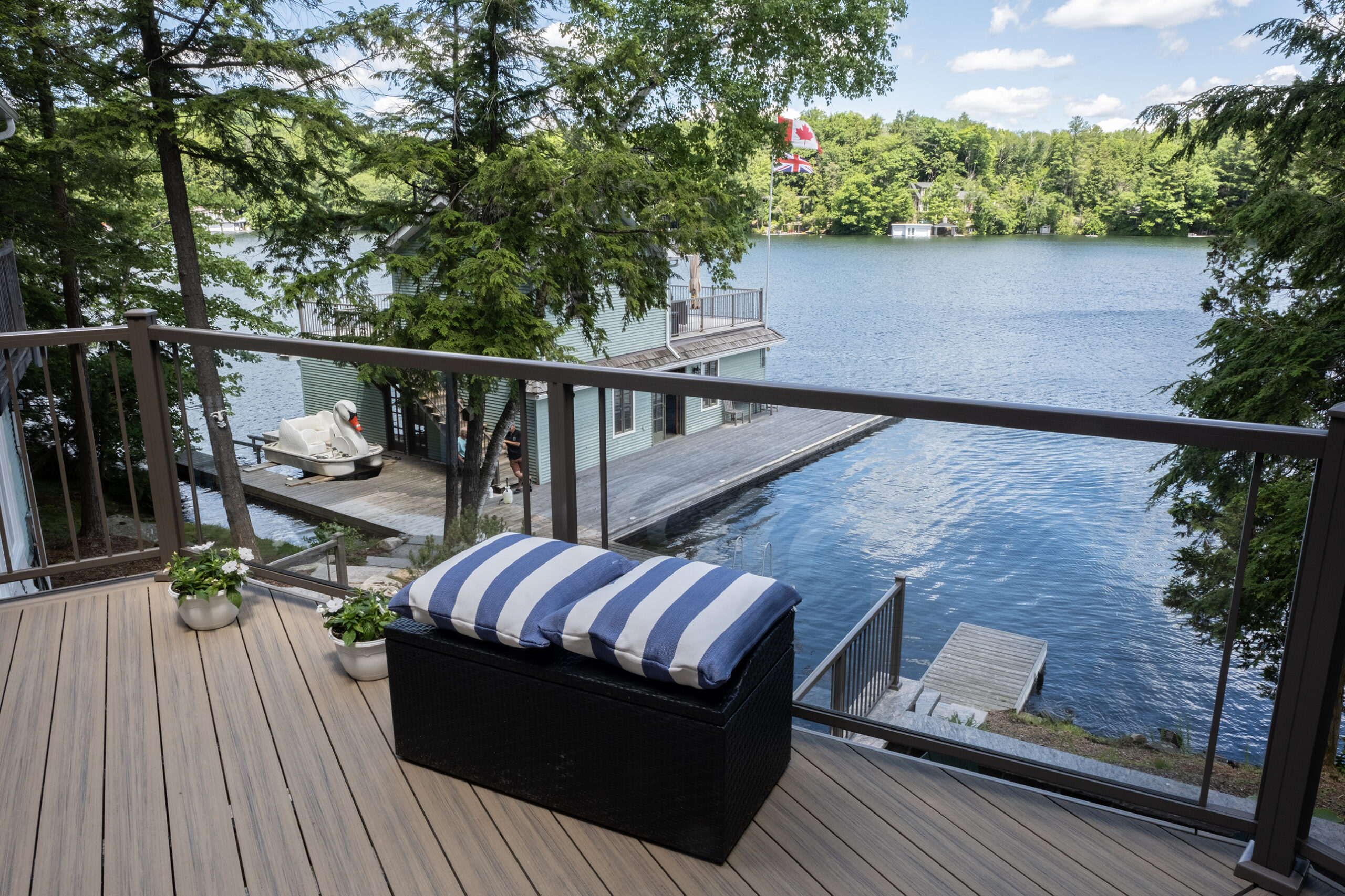 glass railings on composite lakefront deck